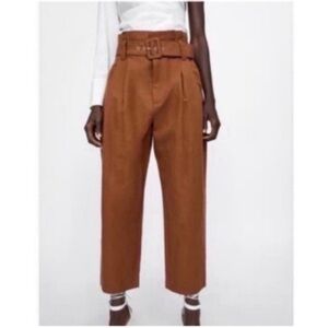 Zara Rust Orange /Brown High waisted Paper Bag Belted Pants